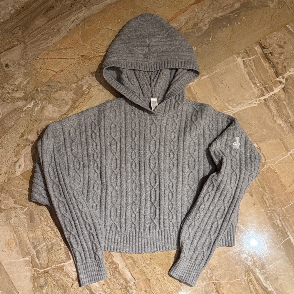 Alo sweater set. Gray Cable Knit Hooded Sweater and matching pants